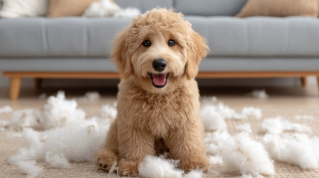A joyful puppy sits amidst fluffy stuffing in a cozy living room, radiating happiness and playfulness while enjoying its comfortable surroundings.の素材