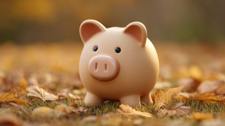 A charming piggy bank illuminated in golden light rests on a bed of autumn leaves, embodying themes of savings and prosperity in a warm, inviting setting.の素材