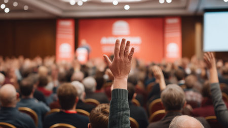 A lively audience at a conference with multiple raised hands, showcasing eagerness for interaction and dialogue in an engaging business or educational setting.の素材