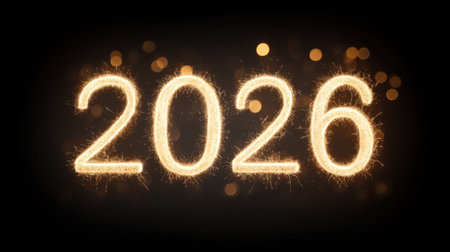 A vibrant display of the number 2026 created with glowing sparklers, featuring a beautiful bokeh effect that adds enchantment to New Year celebrations.の素材