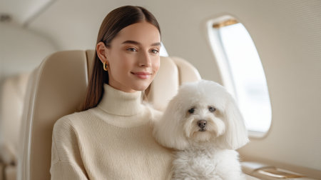 A serene scene of an elegant woman seated in a luxury private jet cabin, cradling her small fluffy dog, embodying comfort and high-end travel lifestyle.の素材
