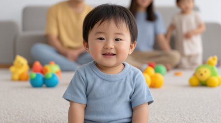 A joyful boy sits on a soft carpet surrounded by vibrant toys, exuding happiness in a cozy family living room atmosphere filled with playful moments.の素材