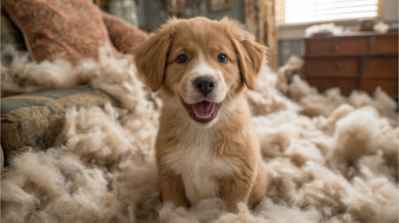 This delightful image features a happy puppy surrounded by a fluffy mess in a cozy living room, radiating warmth and joy, perfect for pet lovers and home decor enthusiasts.の素材