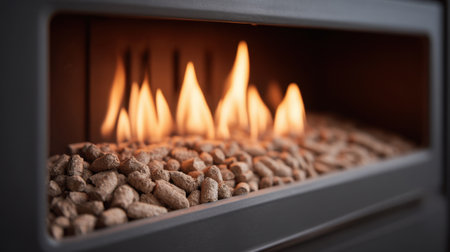 A close-up view of a modern fireplace, showcasing warm flames dancing over natural wood pellets. A perfect visual for cozy home ambiance and stylish interiors.の素材