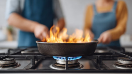 A dynamic kitchen scene showcasing intense flames from a frying pan on a gas stove. Two individuals are engaged in meal preparation, highlighting culinary enthusiasm.の素材