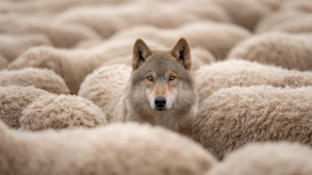 This stunning image captures a solitary wolf gracefully standing among a flock of sheep, showcasing the delicate balance of nature and the harmony in wildlife interactions.の素材