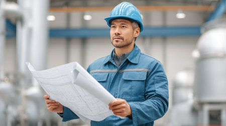 A professional engineer analyzes blueprints in an industrial plant setting, wearing a safety helmet and work attire. The image captures focus, planning, and execution in a modern facility.の素材