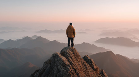 A serene mountain scene featuring a solitary figure standing proudly at the peak, overlooking a breathtaking range as the sun rises, enveloped in soft mist and tranquility.の素材