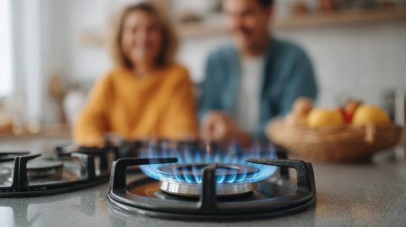 A cozy kitchen scene featuring a couple enjoying their time cooking together. The vibrant gas flame adds warmth to the atmosphere, complemented by fresh produce.の素材