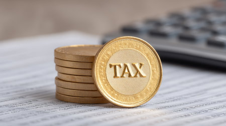 A golden coin with the word "TAX" prominently displayed is placed atop financial documents, symbolizing key aspects of taxation, financial planning, and business management.の素材