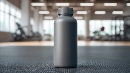 A sleek gray fitness supplement bottle sits prominently on a rubber mat in a contemporary gym environment, perfect for promoting health, wellness, and fitness products.の素材