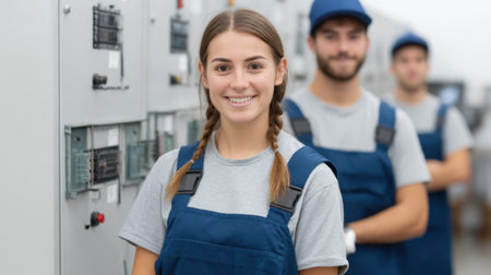 A cheerful young female technician stands confidently in a blue uniform, surrounded by male colleagues, showcasing teamwork in an industrial workspace focused on technology.の素材