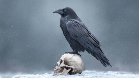 A solitary raven stands majestically on a skull in a snowy landscape, evoking a sense of mystery and intrigue. The dark mood combines nature with artistic elements.の素材