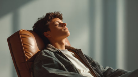 A peaceful scene of a man reclining in a comfortable chair with closed eyes, embodying tranquility and relaxation. Soft natural light enhances the calm atmosphere, ideal for themes of leisure and wellness.の素材