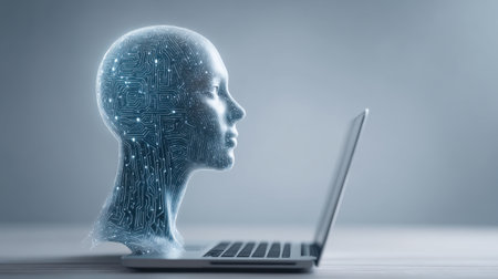 A stunning representation of a digital head projected from a laptop, showcasing intricate circuit patterns, symbolizing the fusion of technology and human innovation.の素材