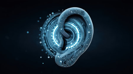 A captivating representation of a glowing ear structure made from intricate circuit patterns, symbolizing advanced technology and data processing in a futuristic environment.の素材