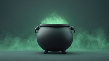 A captivating black cauldron emits vibrant green smoke, set against a dark backdrop. Ideal for themes related to magic, mystery, Halloween, and fantasy concepts.の素材