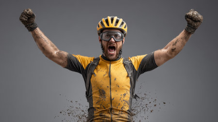 A joyful cyclist displays sheer excitement after a successful off-road race, celebrating with fists raised high, fully covered in mud, embodying the thrill of victory.の素材