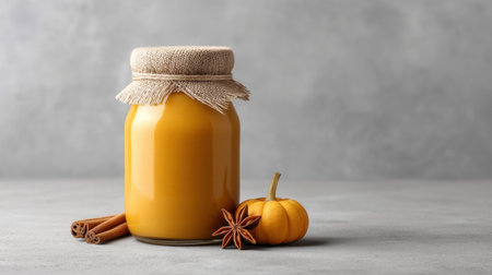 A beautiful still life featuring a glass jar of pumpkin puree accompanied by star anise, cinnamon sticks, and a small pumpkin. Perfect for autumn cooking inspiration.の素材
