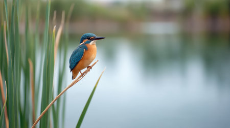 A vibrant bird sits gracefully on a cattail branch overlooking a tranquil wetland, capturing the essence of nature's serenity and beauty in peaceful surroundings.の素材
