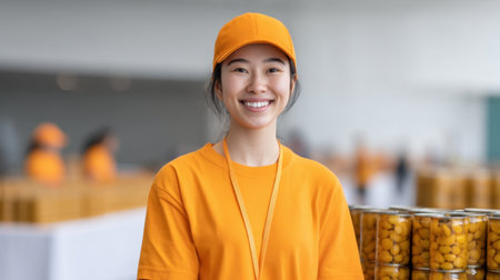 A cheerful young girl volunteer in an orange uniform organizes canned goods for donation at a community event, radiating positivity and commitment to service.の素材