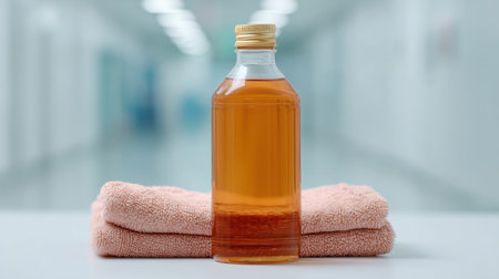 This image features a clear bottle filled with a brown liquid alongside soft pink wipes, set against a blurred hospital corridor, conveying cleanliness and care.の素材
