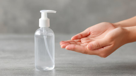 A visual guide demonstrating the use of alcohol-based sanitizer for effective hand disinfection. This image emphasizes the importance of hygiene and cleanliness in daily tasks.の素材