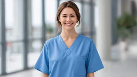 A cheerful nurse in a blue uniform smiles warmly in a clean hospital setting, reflecting professionalism and compassion in her healthcare role. Ideal for medical themes.の素材
