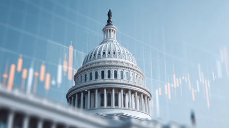 A close-up view of the Capitol building is overlaid with stock market graphs, representing the dynamic relationship between politics and economic trends in the United States.の素材
