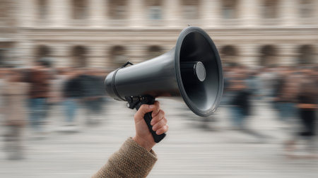 A person confidently holds a loudspeaker aloft amidst a blurred crowd, creating a dynamic atmosphere perfect for themes of protest, announcement, or community engagement.の素材