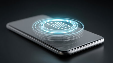 This modern image showcases a smartphone with a bright, glowing file symbol surrounded by swirling light effects, perfect for illustrating digital connectivity and technology themes.の素材