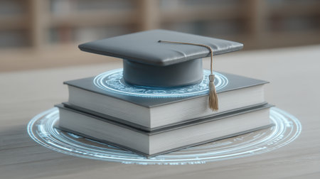 A graduation cap rests atop a stack of books, surrounded by glowing symbols that depict a journey of learning and achievement in an inspiring educational setting.の素材