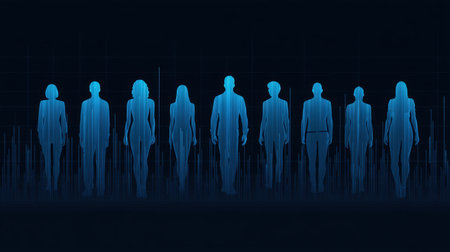 This stunning abstract image showcases silhouettes of people in a dynamic blue backdrop, emphasizing floating data visuals for creative and modern projects.の素材