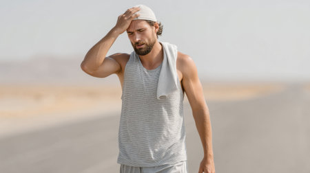 A man walks along a desert road, holding his head in pain under the intense summer sun, showing signs of dehydration and fatigue from the heat.の素材