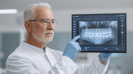A dentist examines a patient's dental x-ray using advanced digital technology in a well-equipped clinical setting, showcasing modern healthcare innovation and patient care.の素材