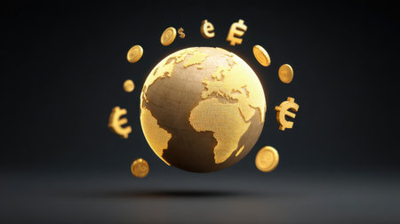This visually striking image features a golden globe surrounded by various currency symbols, highlighting themes of global finance, trade, and economic growth in a digital world.の素材