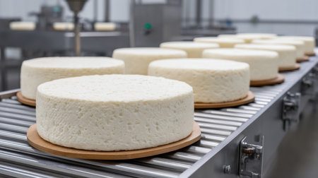A stainless conveyor system showcasing advancing cheese products on an industrial line, highlighting efficient food processing technology in a clean and modern facility.の素材