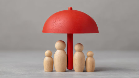This artistic image features a red umbrella protecting wooden figures, symbolizing insurance and family safety, creating a warm and secure environment.の素材