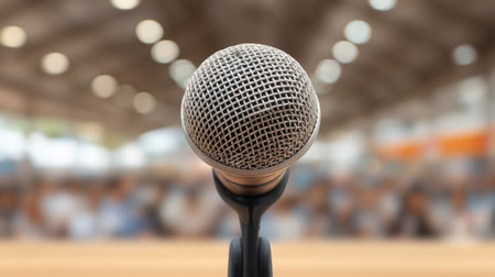 A detailed close-up of a microphone positioned on a stage, with a blurred audience in the background, ideal for visuals related to performances, events, and presentations.の素材