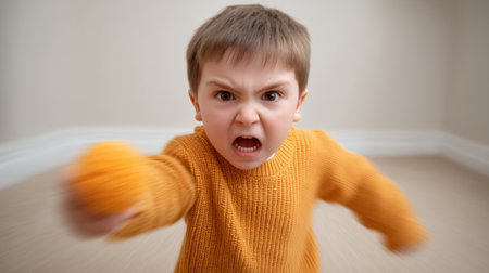 A child displaying intense emotions throws a toy across the room, capturing the essence of a dramatic moment filled with frustration and energetic motion.の素材