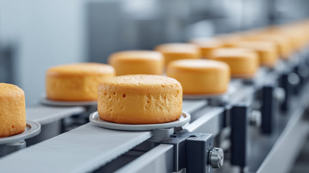 Discover the intricate process of artisan cheese making as rolls glide effortlessly on a conveyor belt in a cutting-edge factory. A true representation of quality.の素材