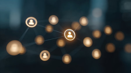 This image showcases a network of illuminated connections representing organizational relationships in a modern context, enhanced by natural light for a contemporary feel.の素材