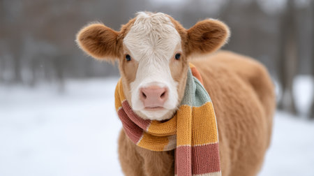A charming brown calf wearing a colorful scarf captures attention on a snow-covered farm. The playful look invites joy, showcasing the beauty of winter animal life.の素材