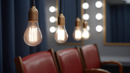 A chic dressing area designed for makeup application, featuring stylish mirrors, cozy seating, and glowing light bulbs, perfect for beauty and fashion preparations.の素材