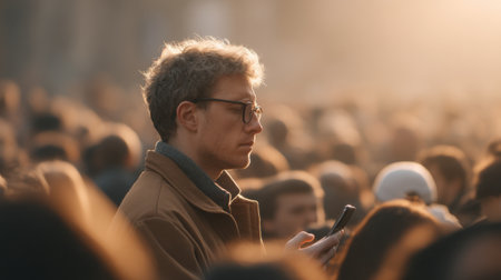 A stressed man is absorbed in his phone, surrounded by a busy crowd. The warm sunlight highlights his expression, capturing a moment of solitude amid the urban chaos.の素材