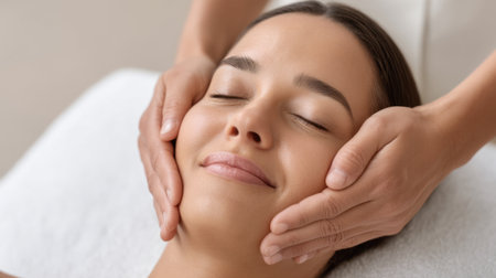 A peaceful spa scene showcases a therapist gently massaging a client's face, promoting relaxation and rejuvenation in a soothing environment.の素材
