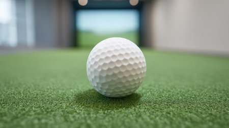 Captivating image of a golf ball placed on turf in a virtual simulator room, emphasizing technology and realism in indoor sports training and entertainment experiences.の素材