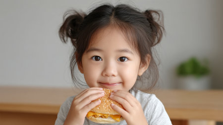 A delightful moment captured of a happy girl enjoying a cheesy sandwich, radiating joy and playfulness in a cozy indoor setting filled with natural light.の素材