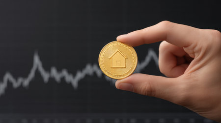 A hand displays a golden coin shaped like a house against a backdrop of a fluctuating financial graph, symbolizing the innovative world of cryptocurrency investment.の素材