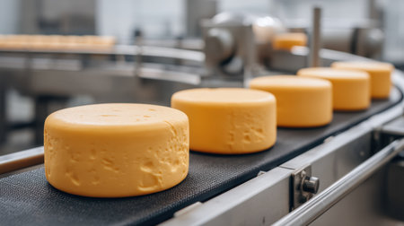 This image captures a modern cheese processing line with round cheese wheels on a conveyor belt, showcasing the efficient production and quality of dairy products.の素材